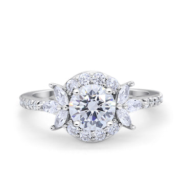 Halo Floral Wedding Ring Marquise Simulated Cubic Zirconia 925 Sterling Silver